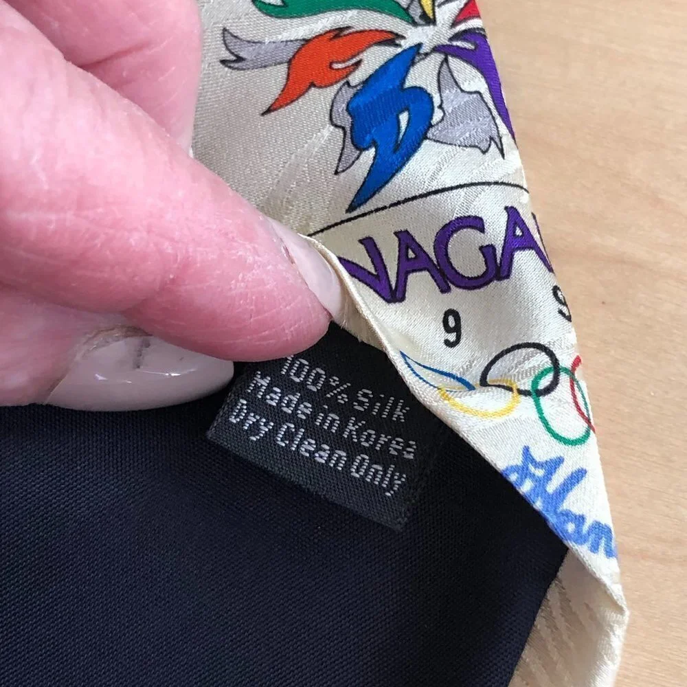 Vintage Nagano 1998 Olympics John Hancock Men's Silk Necktie Ivory Red Blue Tie